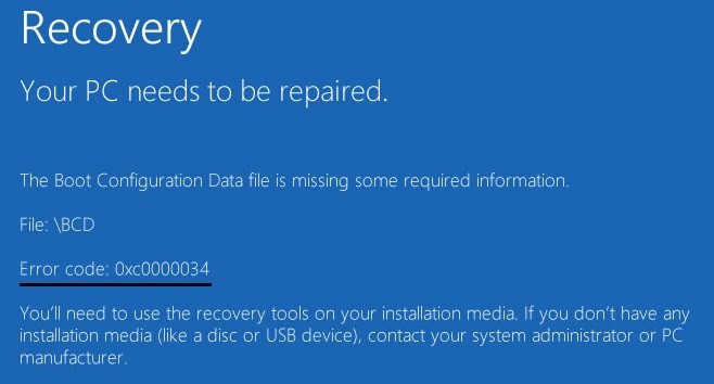 0xc0000034 Boot Configuration Data File is Missing