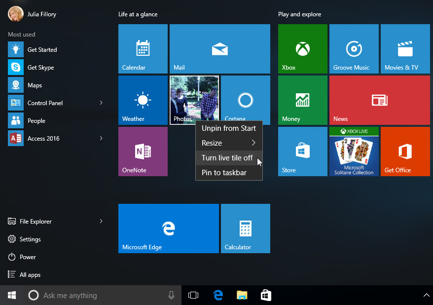 Personalizarea meniului de Start in Windows 10
