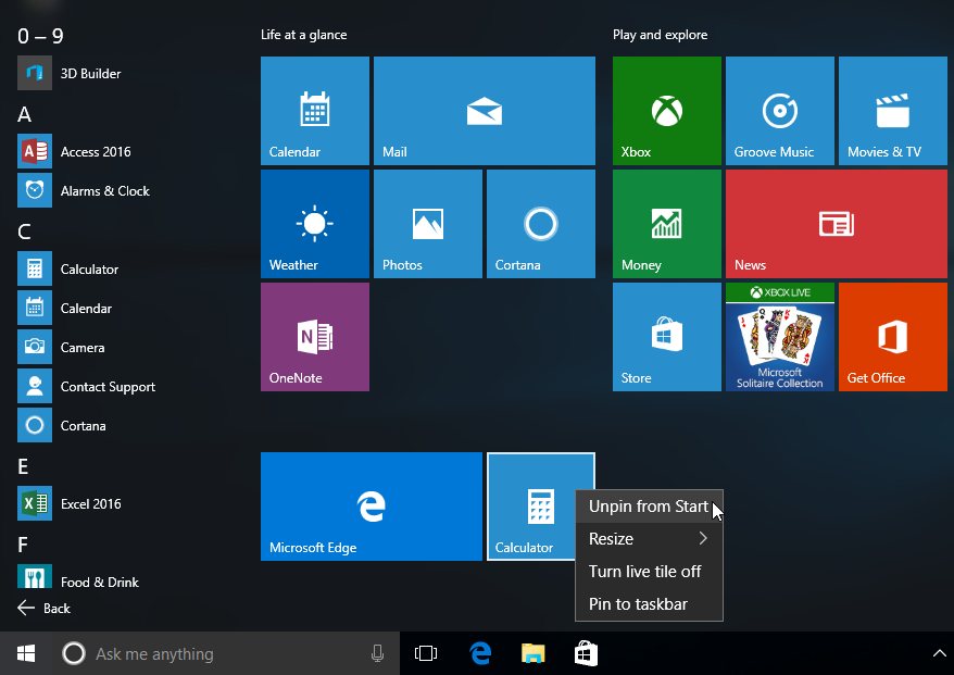 Personalizarea meniului de Start in Windows 10