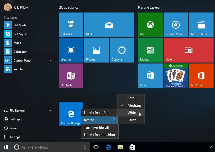 Personalizarea meniului de Start in Windows 10