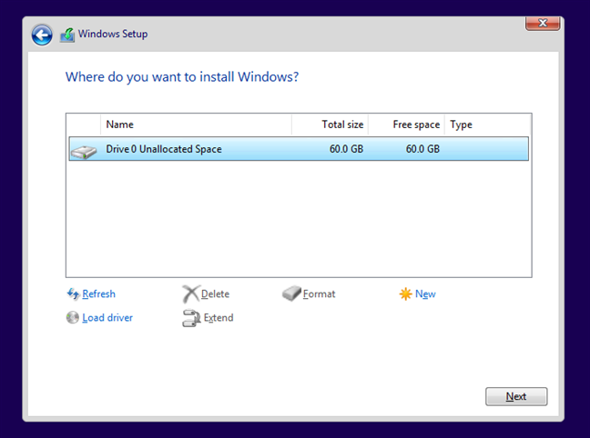 Selecteaza partitia pe care vrei sa instalezi Windows-ul