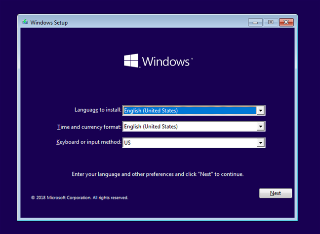 Alegerea limbii, orei, valutei și tastaturii pentru instalarea Windows 10