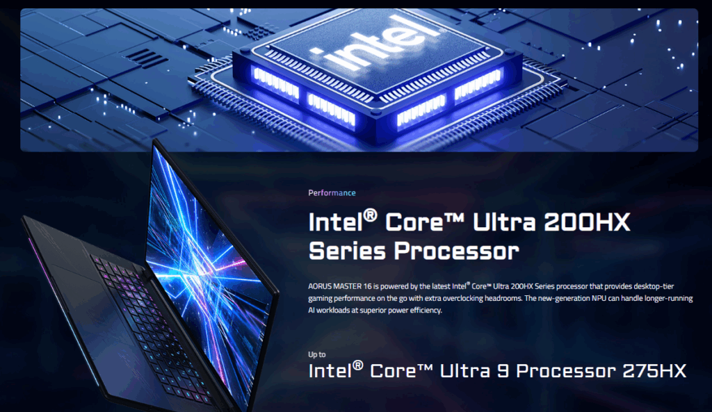 Aorus Master 16 vine cu un procesor Intel Core Ultra 9 de ultima generatie