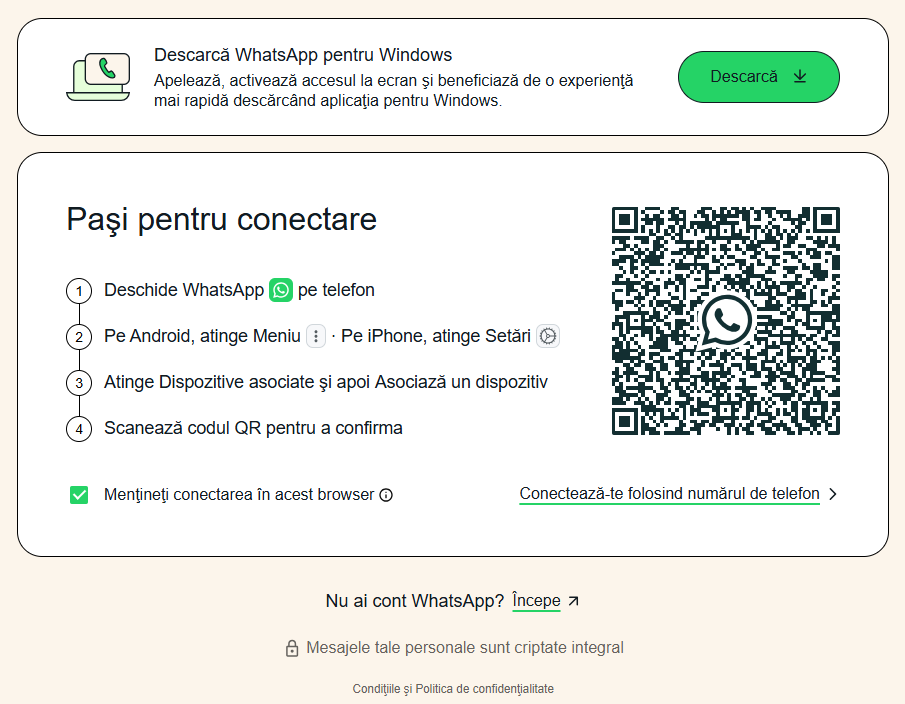 Whatsapp pe laptop sau PC „fara instalare” – folosind WhatsApp Web (in browser)