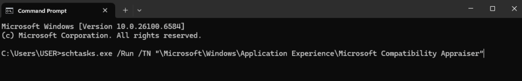 schtasks.exe /Run /TN "\Microsoft\Windows\Application Experience\Microsoft Compatibility Appraiser"