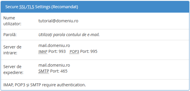 Setarile pentru configurarea e-mailului in Outlook (IMAP, POP3, SMTP)