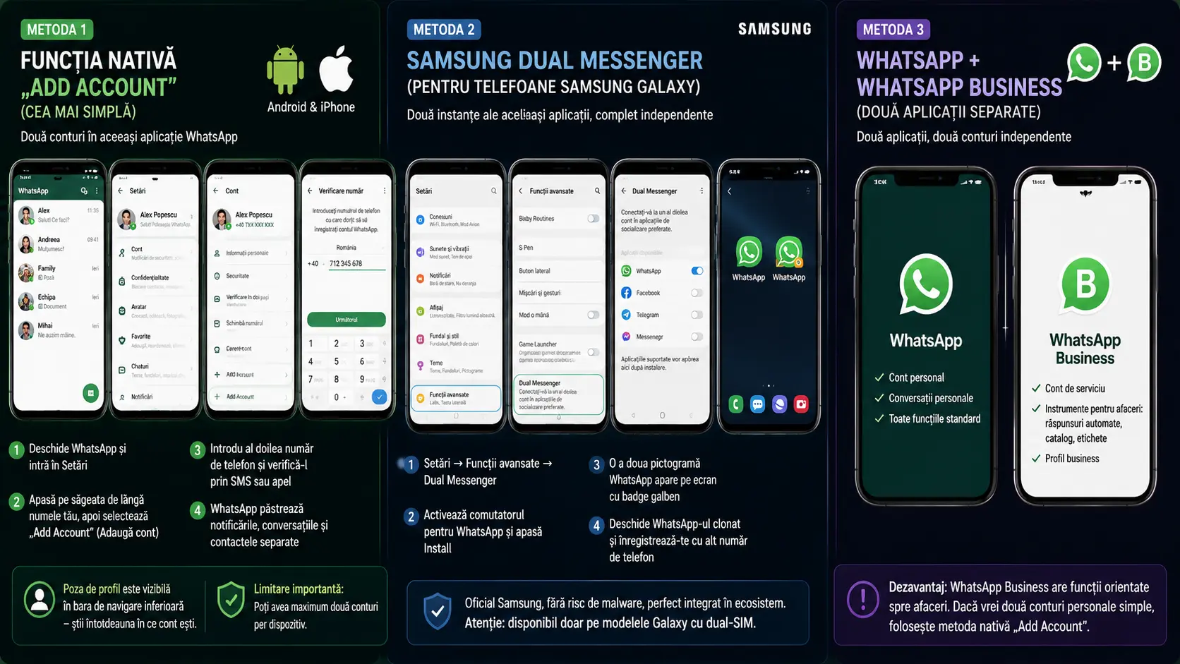 Conturi multiple în WhatsApp: cum folosești Dual WhatsApp pe același telefon (Android și iPhone, 2026) Conturi multiple în WhatsApp: cum folosești Dual WhatsApp pe același telefon (Android și iPhone, 2026)