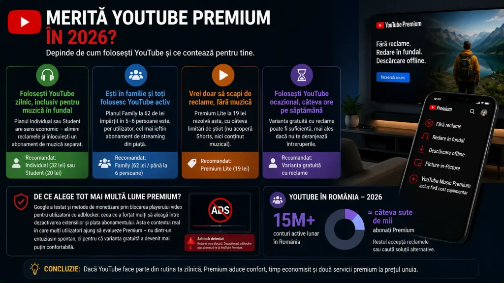 Cât costă YouTube Premium în România și ce beneficii include abonamentul (2026) Cât costă YouTube Premium în România și ce beneficii include abonamentul (2026)